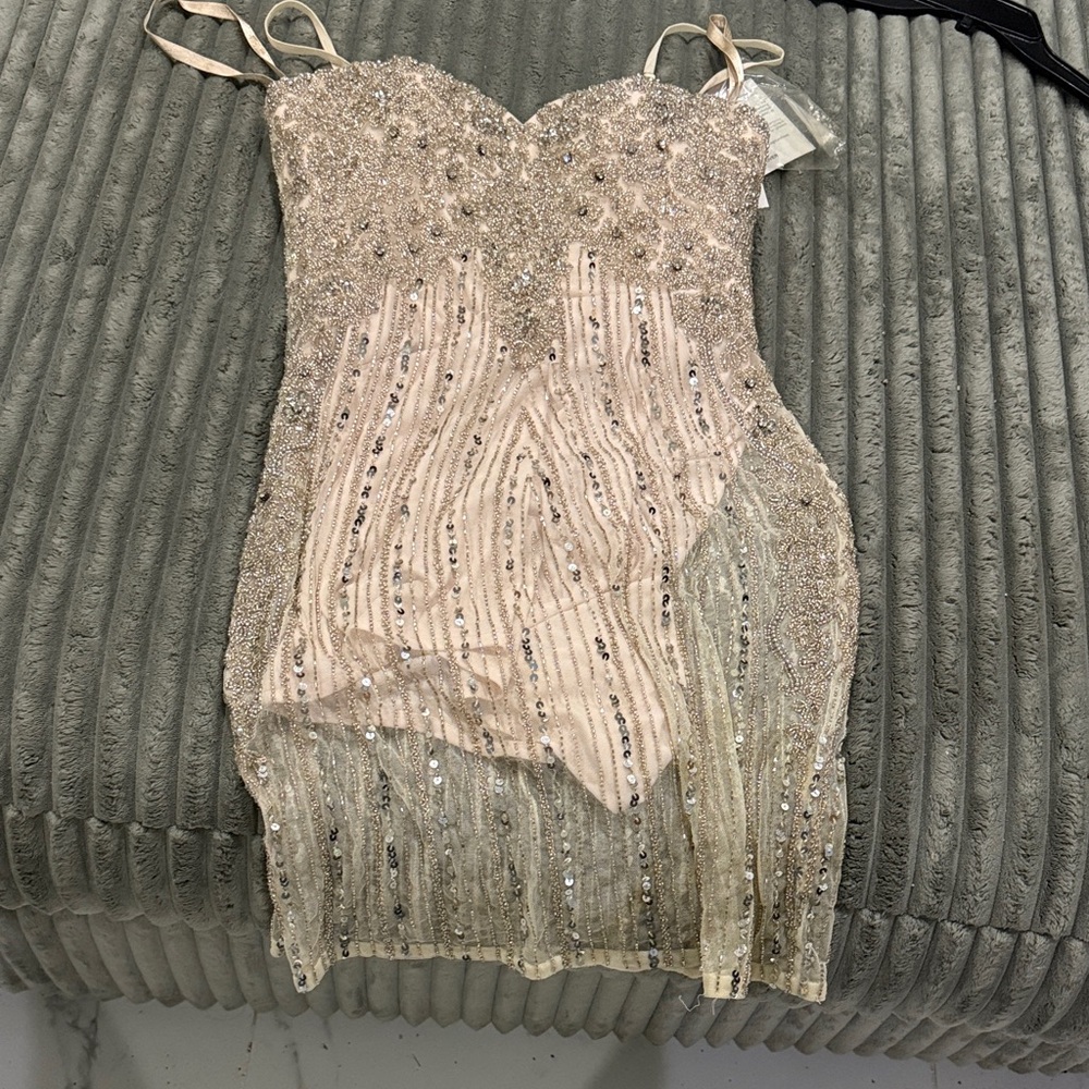 Scala Beige Sequin Mini Dress